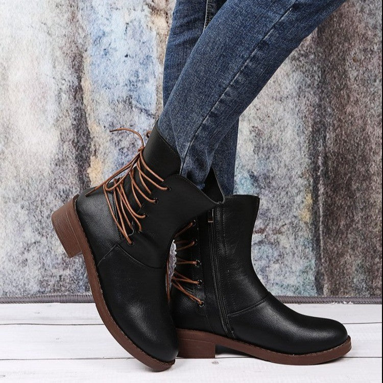 Women's New European And American Style Retro Lace-up Rivet Thick Heel Women's Boots