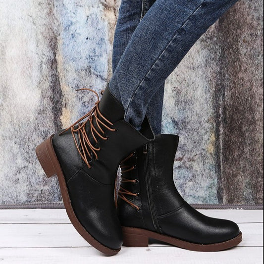 Women's New European And American Style Retro Lace-up Rivet Thick Heel Women's Boots