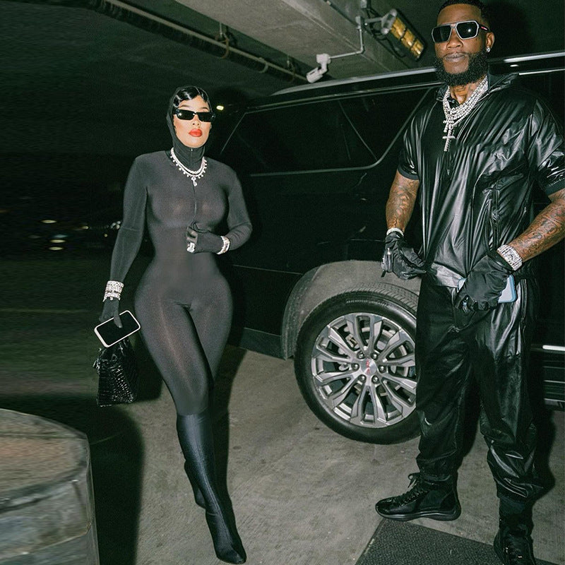 Zipper Hooded Slim Fit Long Sleeve Finger Stall Jumpsuit