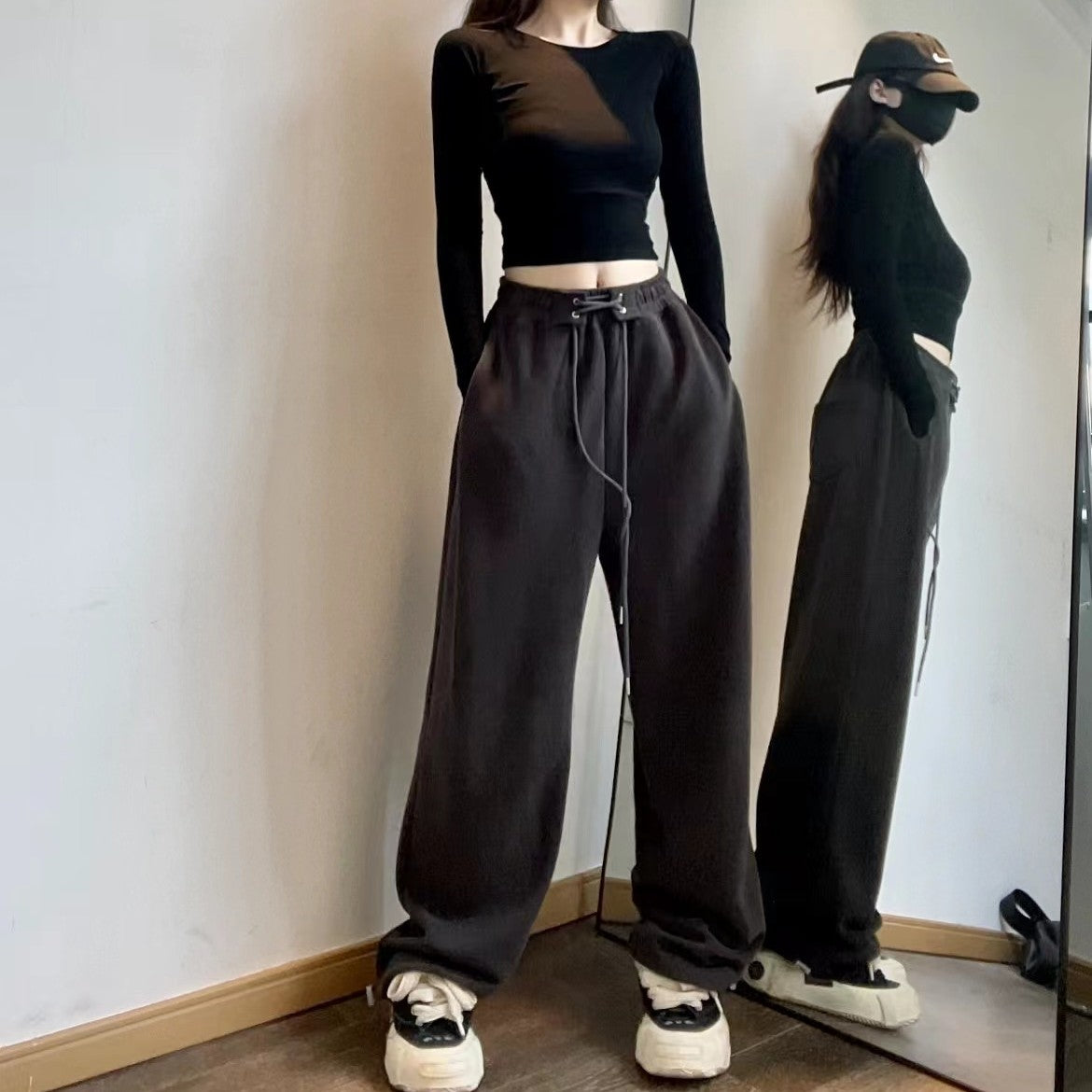 Sports Pants Female High Waist Drawstring Sweatpants Slim Casual Wide Leg Dancing Long