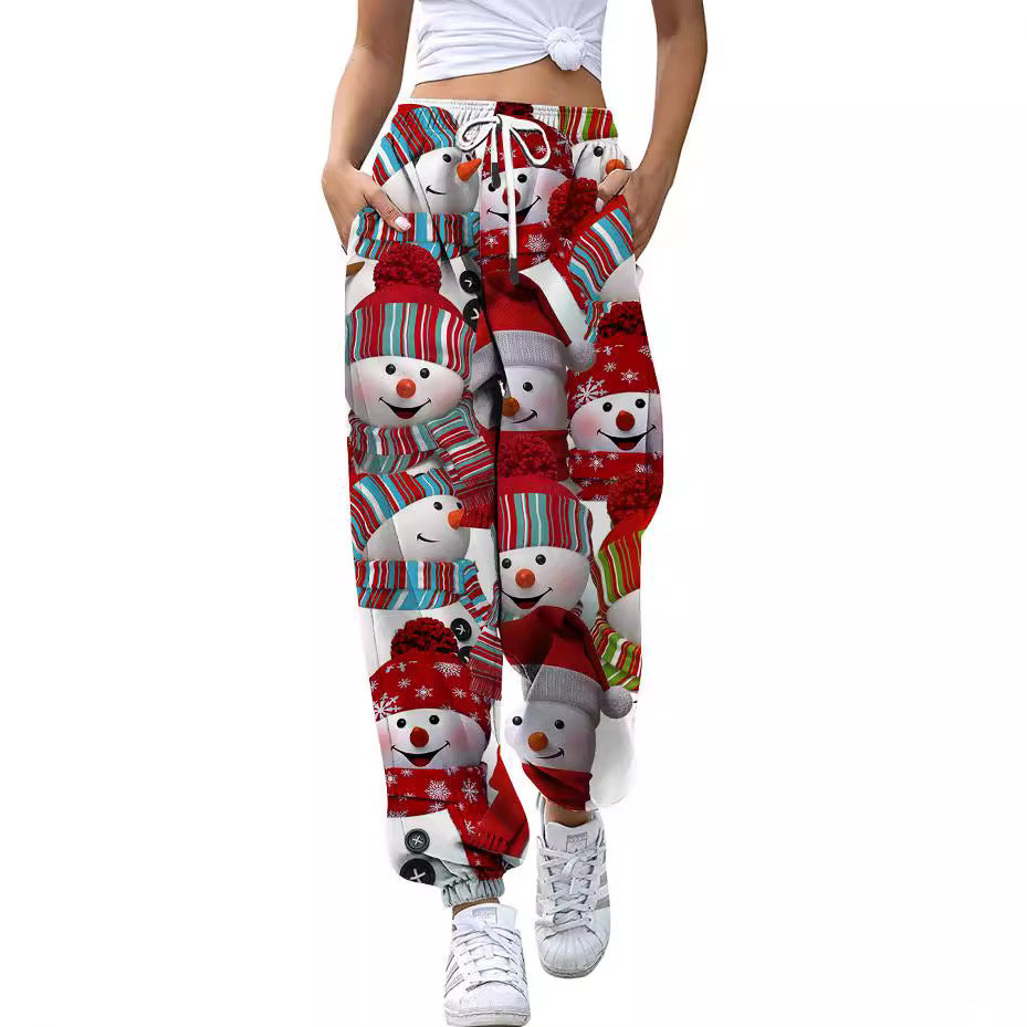 European And American Christmas High Waist Loose 3d Printed Casual Drawstring Women's Sports Casual Pants
