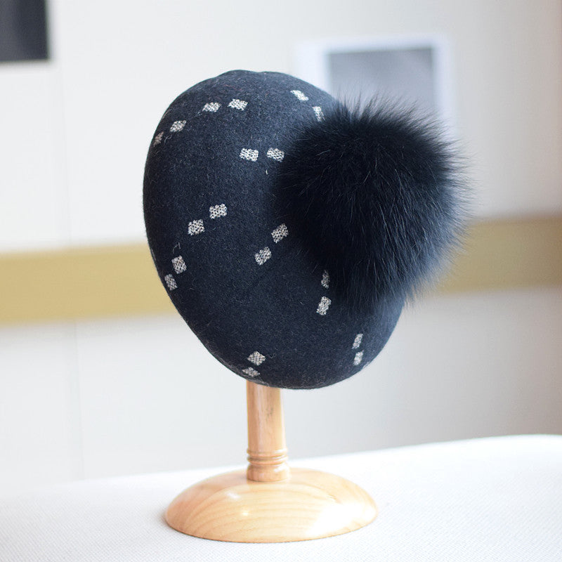 Elegant Woolen Gilding Beret Women's Korean Style Fox Fur Ball Vintage Painter Hat