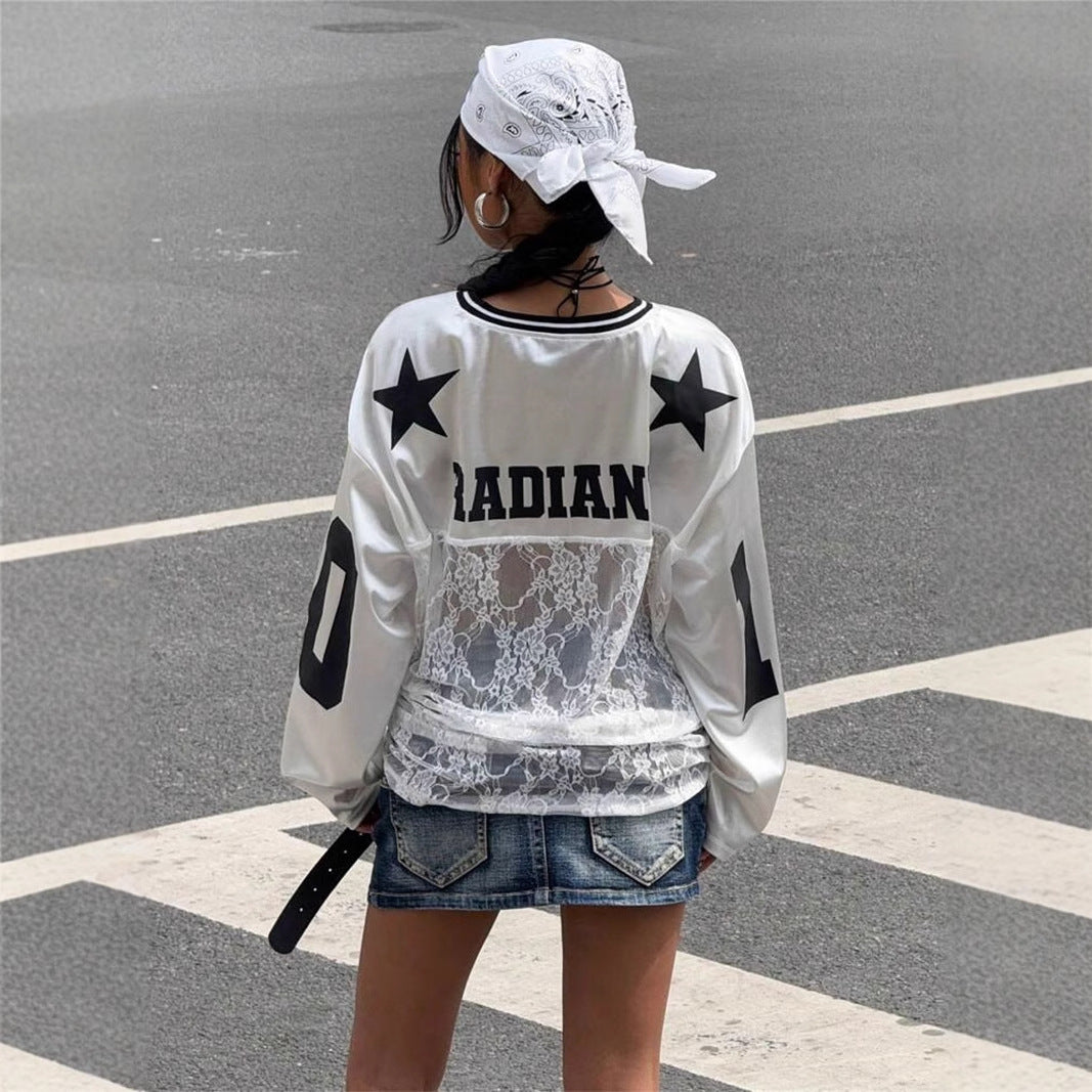 Løs V-hals sweatshirt til kvinder med tryk og gennemsigtig blonde