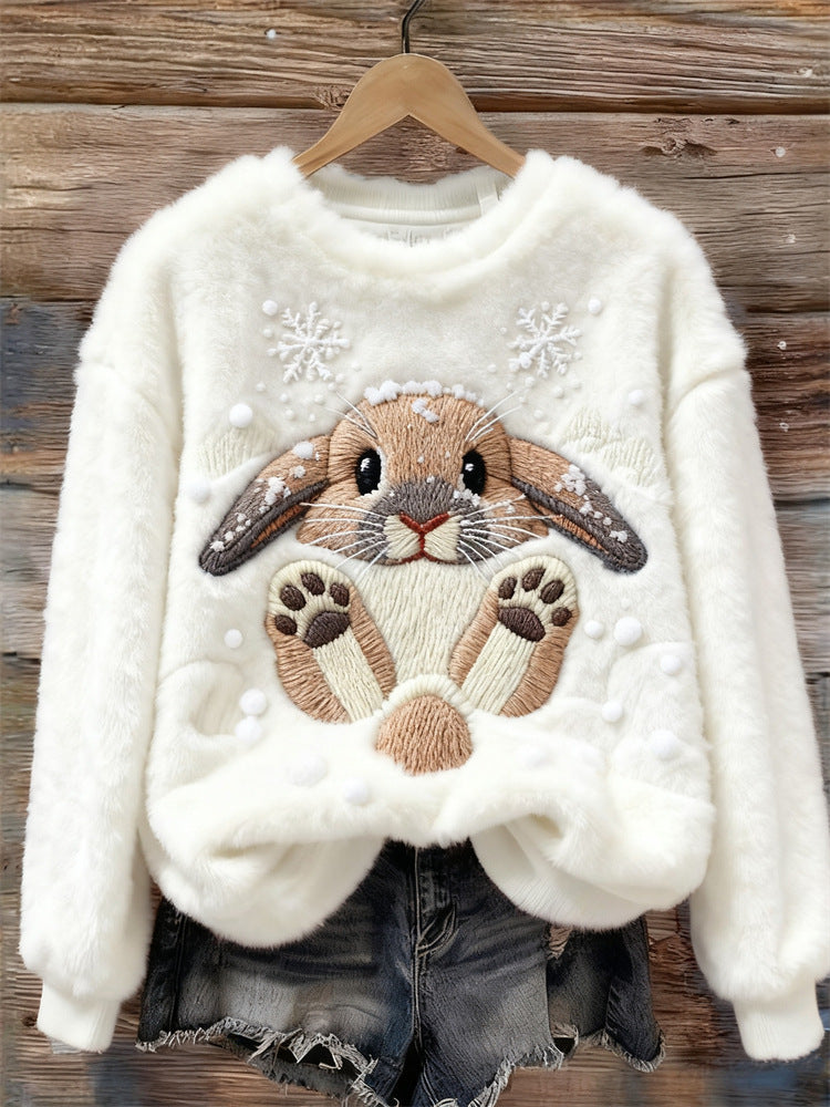 Womens 3D DigitalPrint Flannel Crewneck Sweatshirt For FallWinter