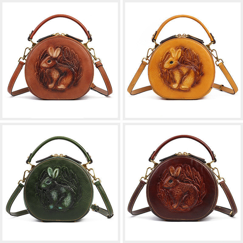 Etnisk stil Lille rund taske Toplæder Enkel skulder Crossbody
