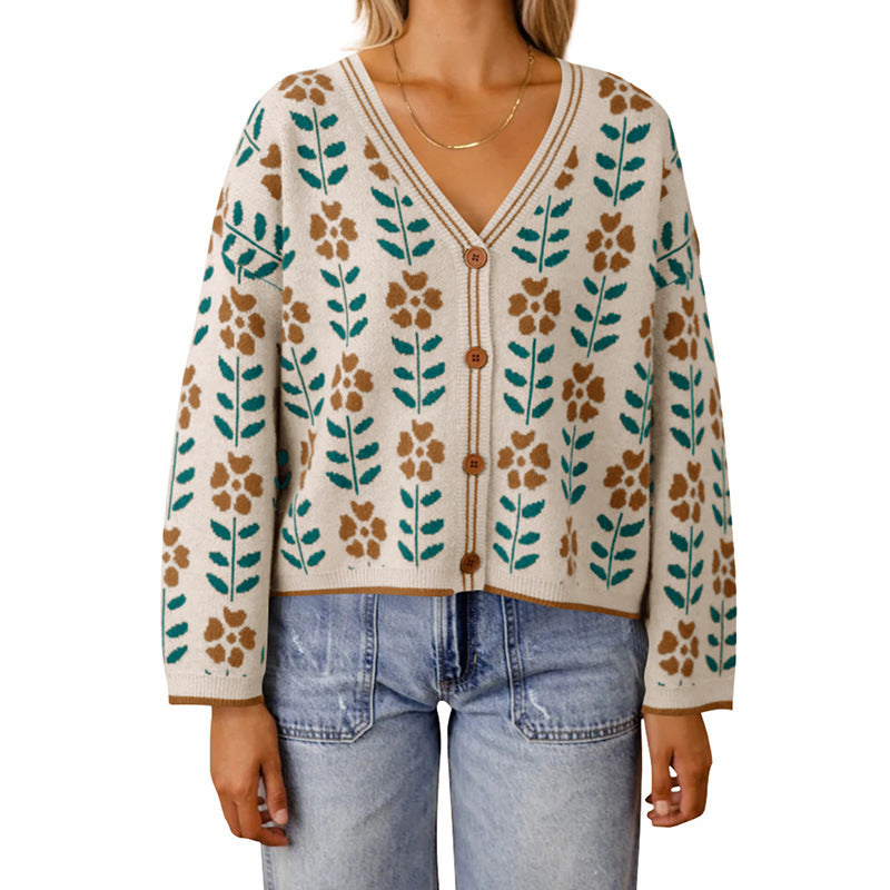 European And American Ladies Single-breasted Long Sleeve Flower Sweater