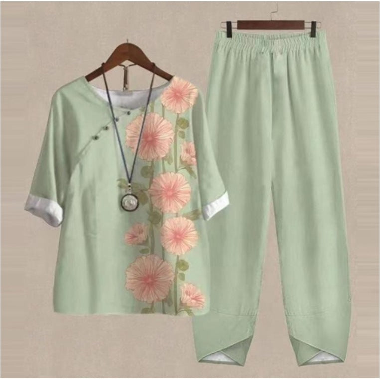 New Women's Five-quarter Sleeve Printed Top Two-piece Pants