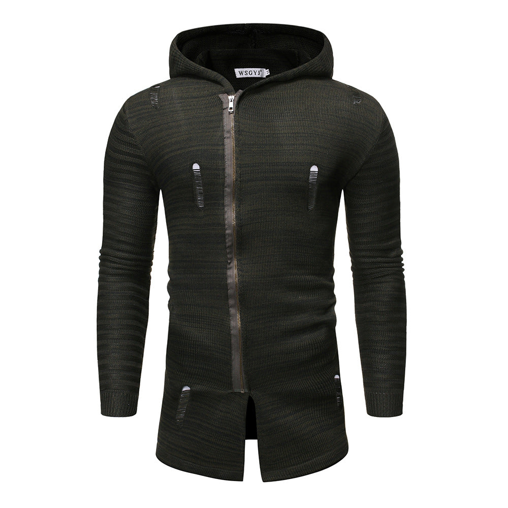 Men's Casual Knit Sweater Diagonal Pull Hole Hooded Cardigan Sweater Men