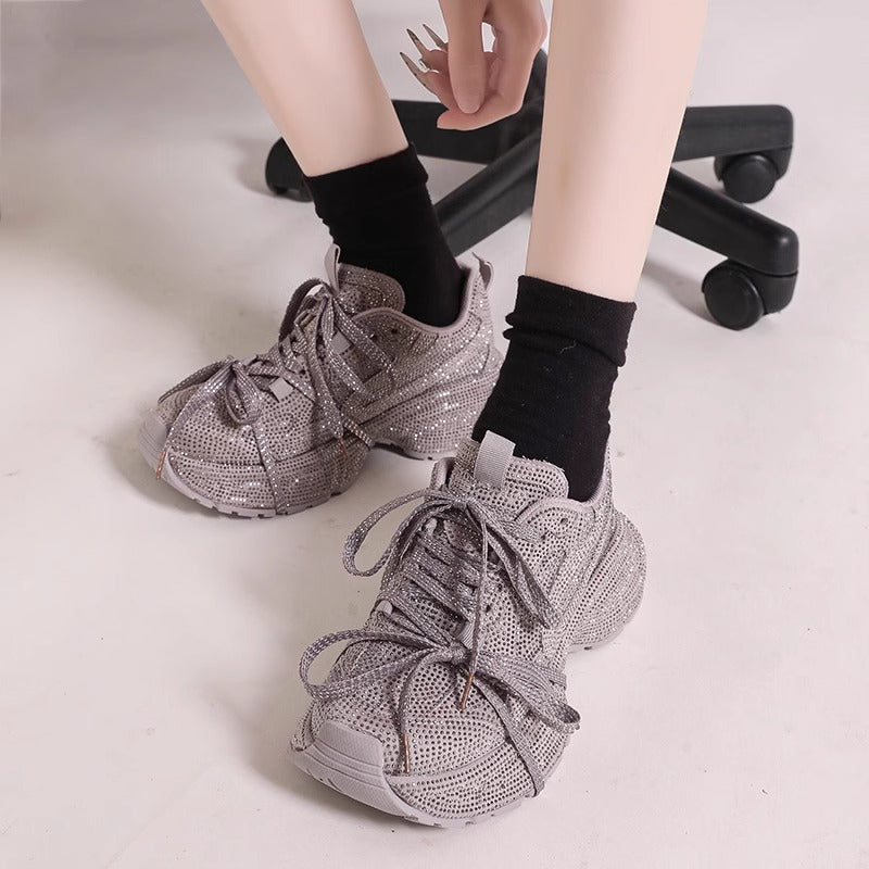 Platform Dad Sneakers til Kvinder Nye Åndbare Rhinestone Fuld Diamantrem