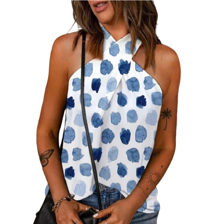 Casual Slim-fit Back-zip Halter-neck Printed Sleeveless Patchwork Top