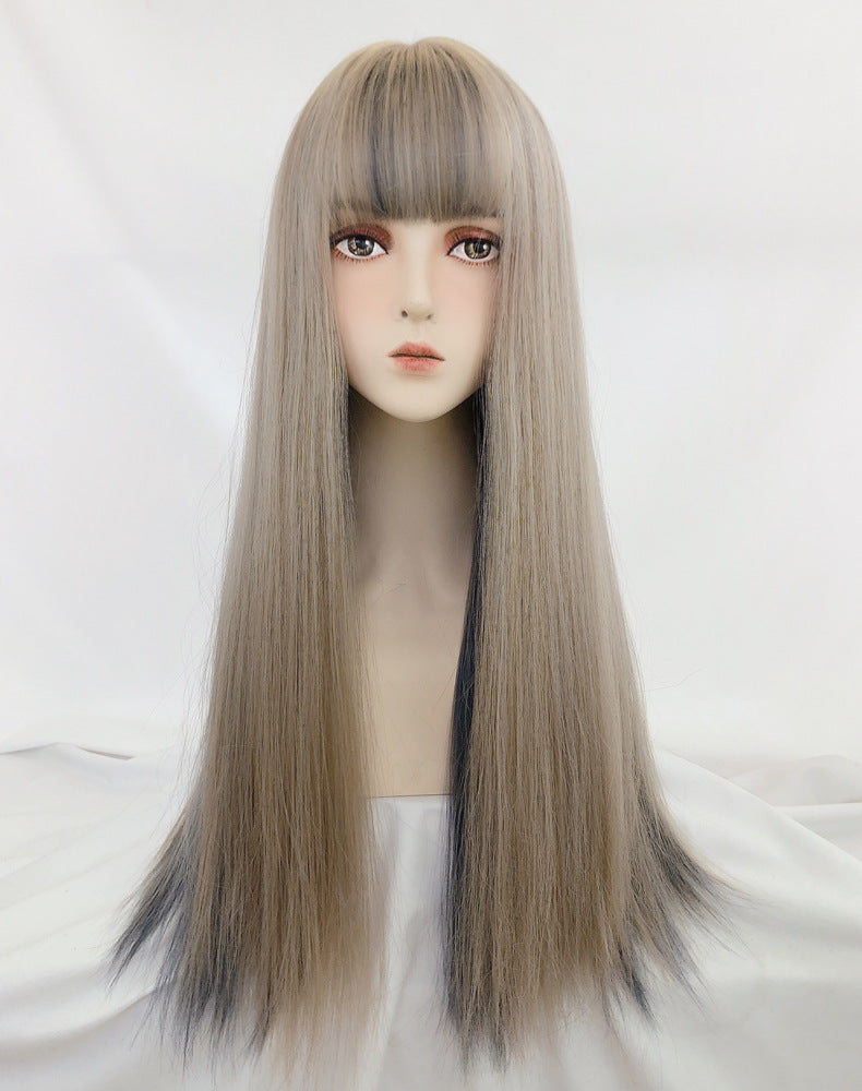 Linen Gold Haze Blue Wig Gradient Color Long Hair Headgear