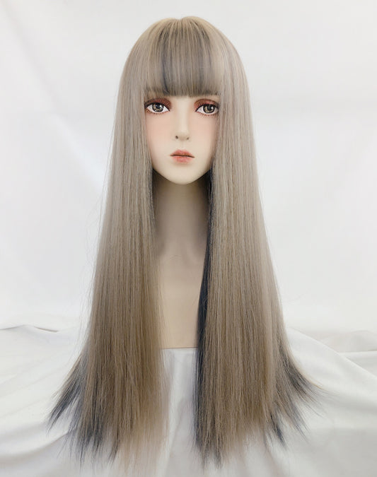 Linen Gold Haze Blue Wig Gradient Color Long Hair Headgear