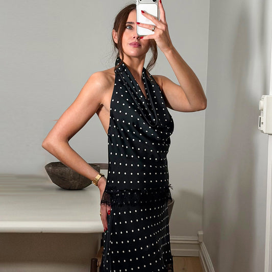 Neck-hanging Backless Polka-dot Camisole With Lace-trimmed Straight Skirt For Women