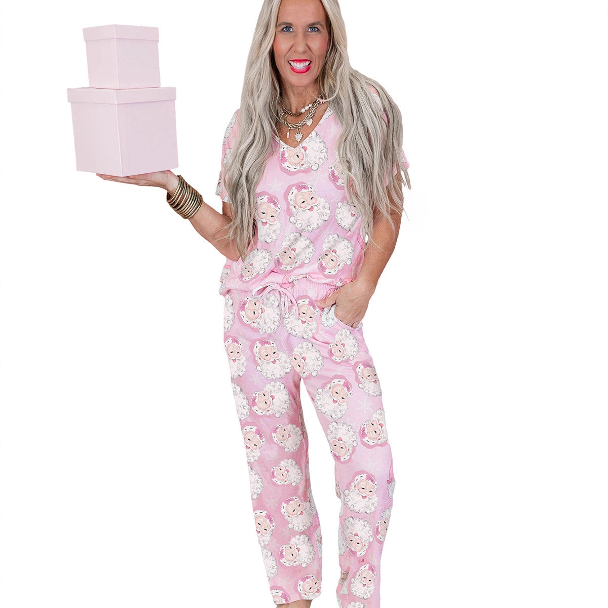 Women's Fashion Christmas Printing Casual Loose Short Sleeves Suit