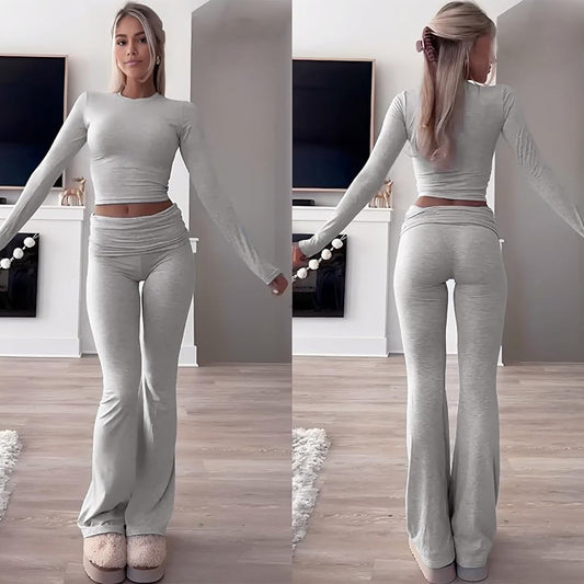 Casual Exercise Women's Two-piece Round Neck Long Sleeve Low Waist Flare Pants Sportswear Set Wholesale Two-piece
