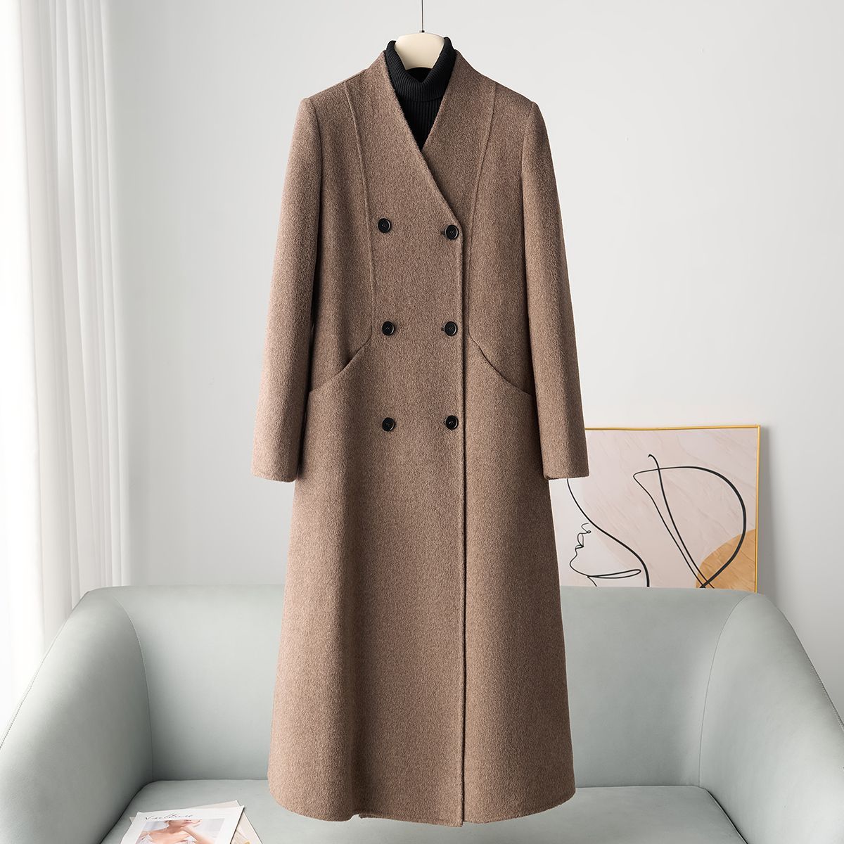 Mid-thigh-length Casual Double-breasted Wool Coat In Double-faced Wool