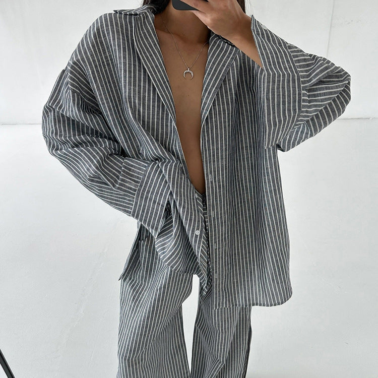 New Arrival Lapel-collar Long-sleeve Shirt And Wide-leg Pants Two-piece Set