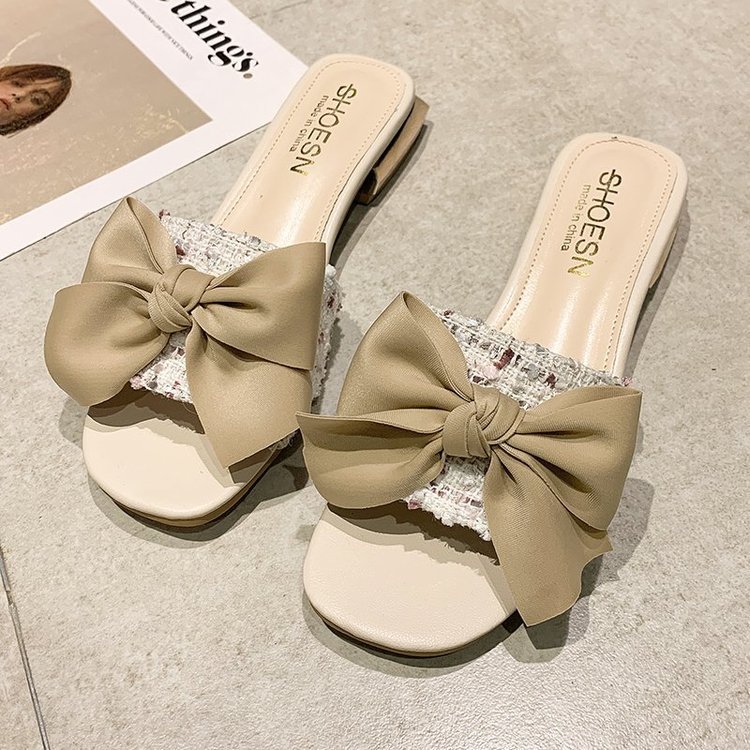 Fish Tip Bow Slippers Ladies' Thick Heel Toe