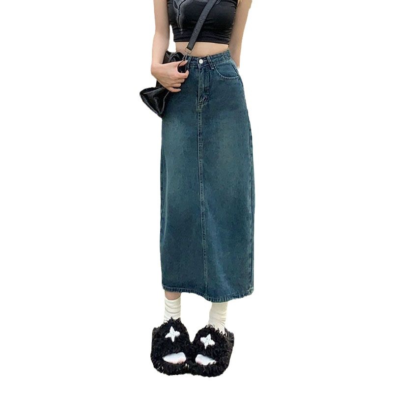 High-waisted Slit Denim Skirt A-line Midi Skirt