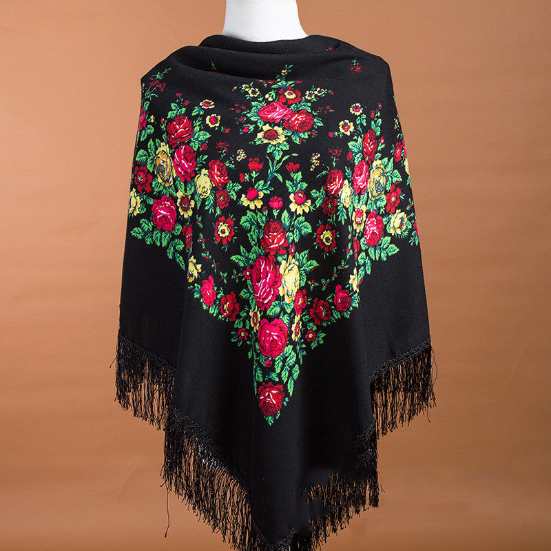 Large Square Scarf Shawl With Ethnic Print Tassels To Keep Warm