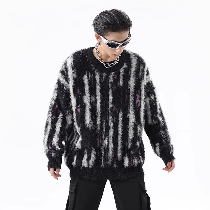 High Street Kontrastfarvede Lodrette Striber Rund Hals Efterår Vinter Retro Doven og Løs Minklignende Sweater