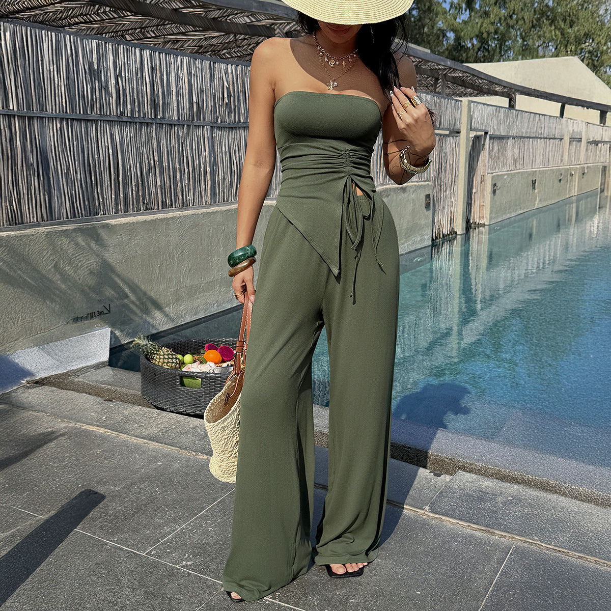Womens Solid-Color Fashion Casual Resort Top And Pants Set