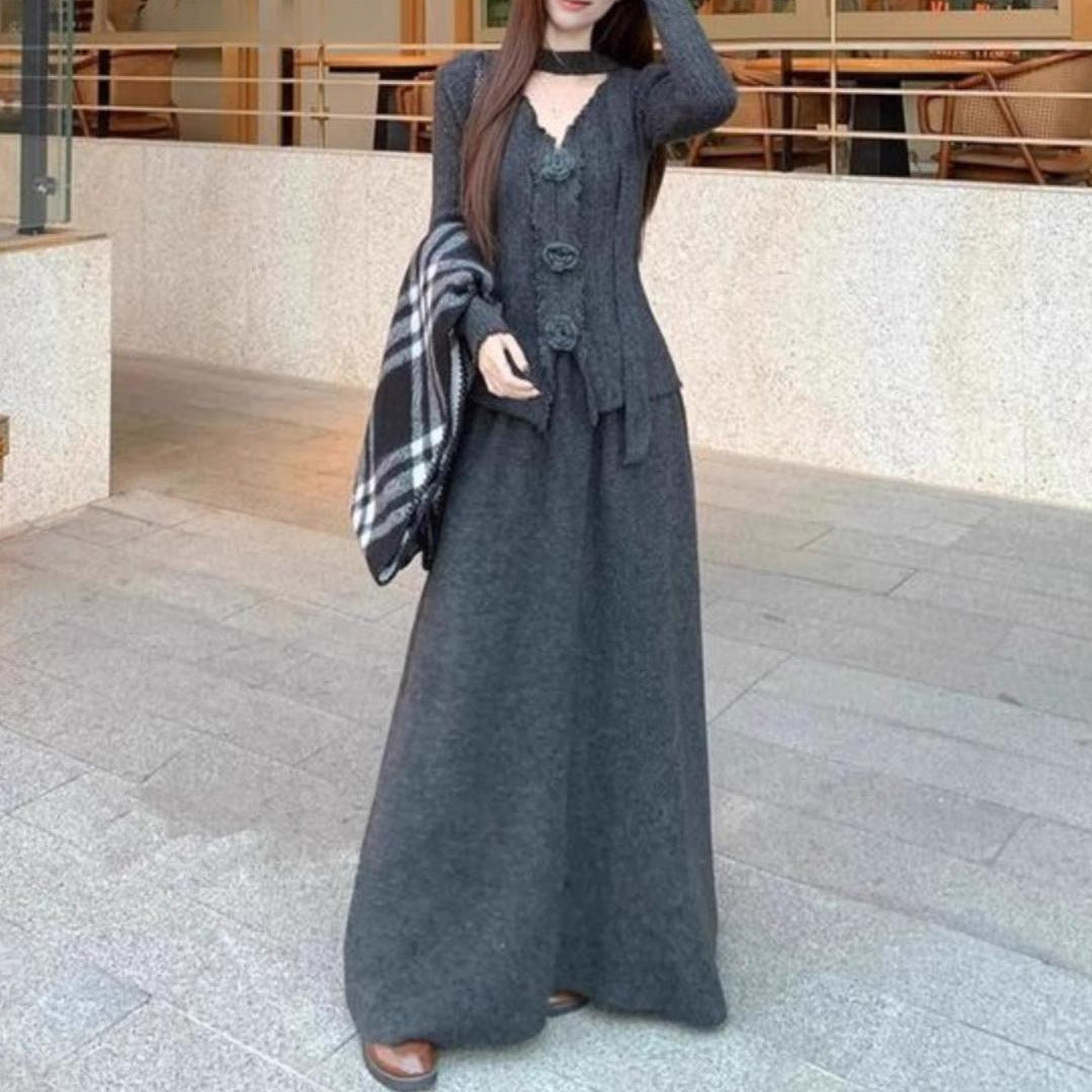 3D Flower V-neck Ribbon Long-sleeved Knitwear High-waisted Slim-fit Set