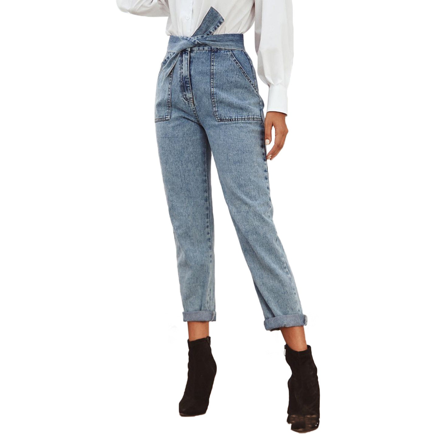 European And American Women's High Waist Stretch Slim Cropped Denim Pants