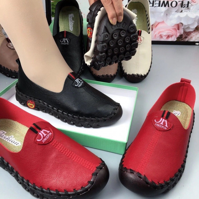 Middle-aged Women's Leather Shoes With Wide Fat Feet And Beef Tendon Sole