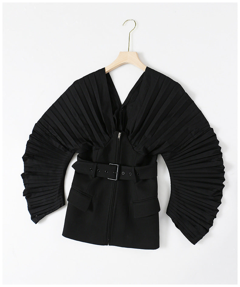 V-neck Heavy Industry Pleated Sleeve Top Waist Coat