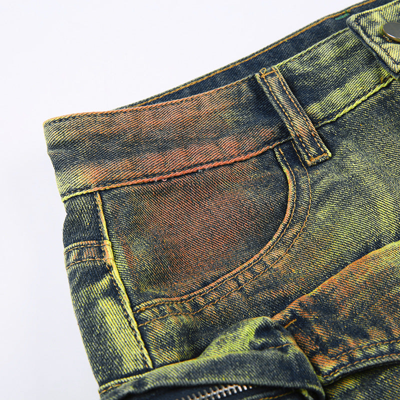 Women's Fashion Color Contrast Washing Tooling Denim Skirt