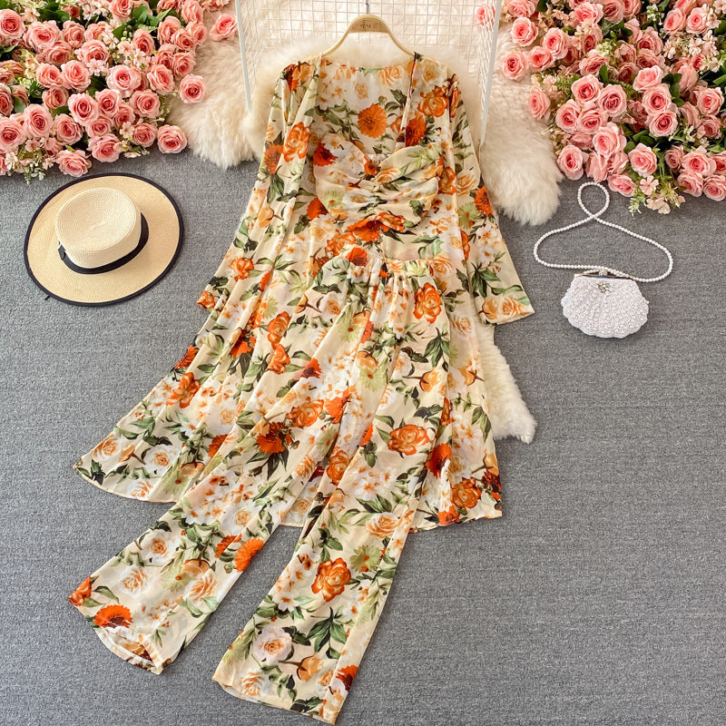 Mid-length Floral Chiffon Cardigan Three-piece Set Tube Top Short Type