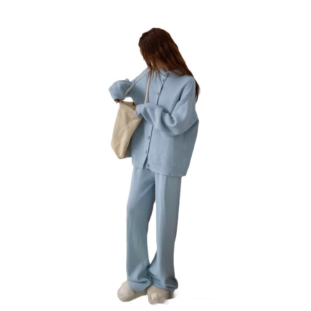Knitting Suit Women's Half Turtleneck Single-breasted Coat High Waist Wide Leg Pants Fashion