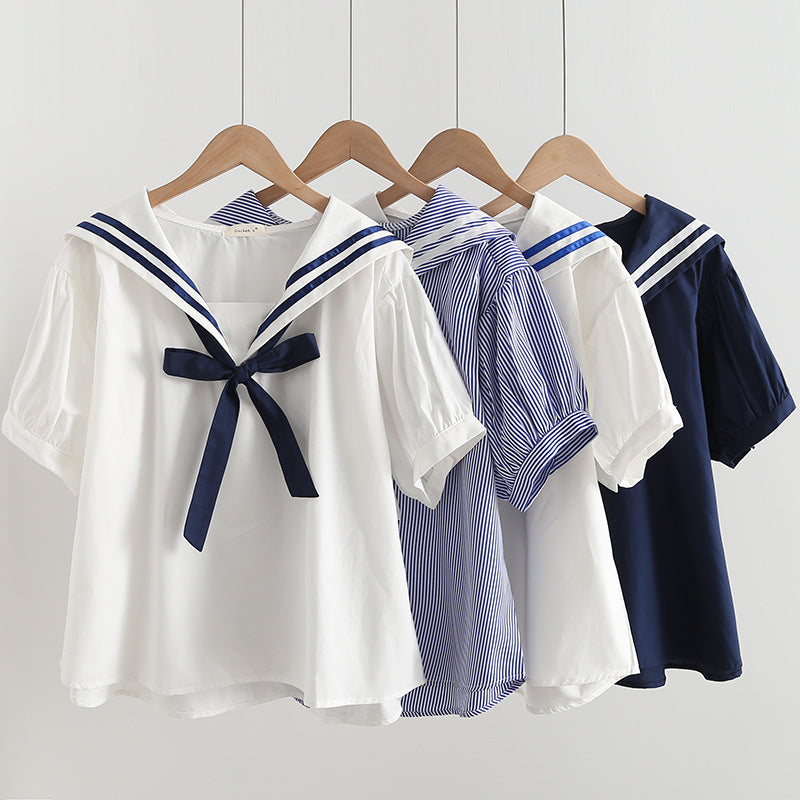 Elegant Cotton Pullover Sailor Collar Loose Women's Shirt