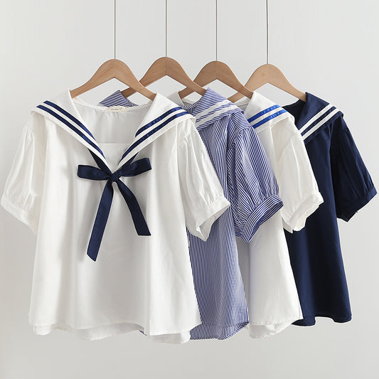 Elegant Cotton Pullover Sailor Collar Loose Women's Shirt