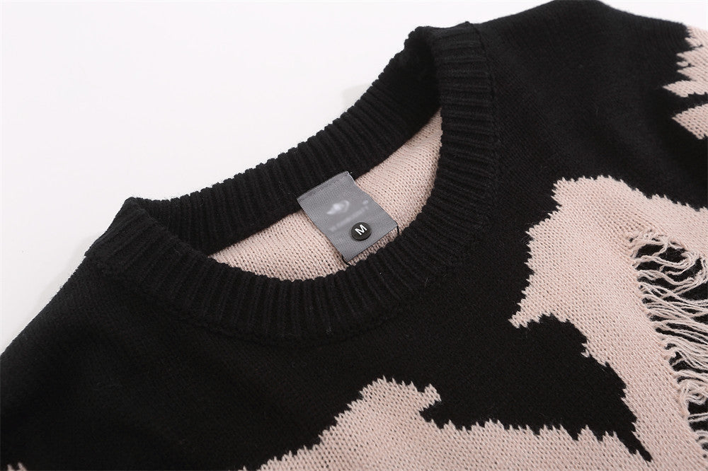 Worn Color-block Crew Neck Sweater Men's Waste Soil Style Letter