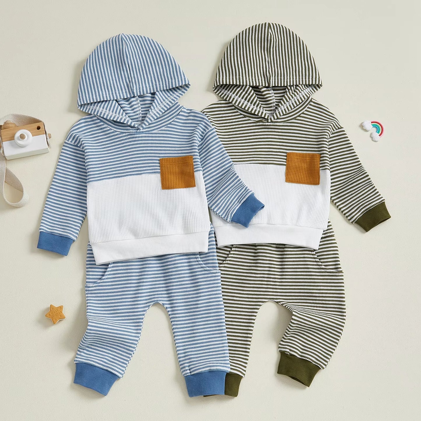 Boys Hooded Long-sleeve Waffle-striped Long-sleeve Pants Set