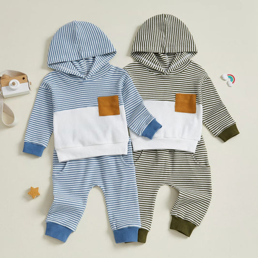 Boys Hooded Long-sleeve Waffle-striped Long-sleeve Pants Set