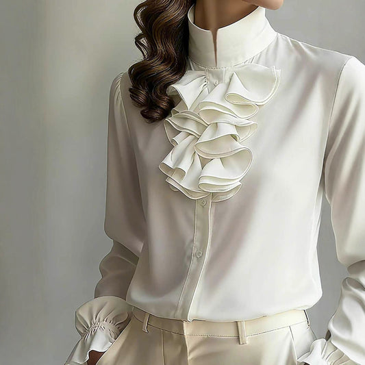 Casual Loose-neck Plain-colored Ruffled Collar Shirt