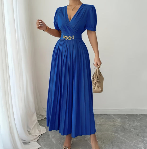 Cross V-Neck Defined Waist Slimming Puff Sleeve Patchwork Pleated Dress For Women