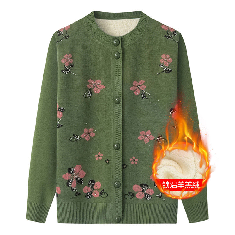 Thermal Underwear Fleece-lined Thickened Grandma Sweater Coat For Women