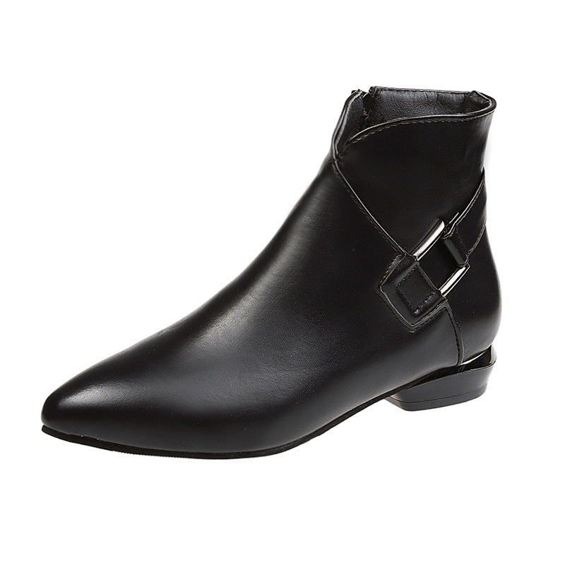 Fashion Pointed Toe Women's Low-heeled Belt Buckle And Cashmere Martin Boots