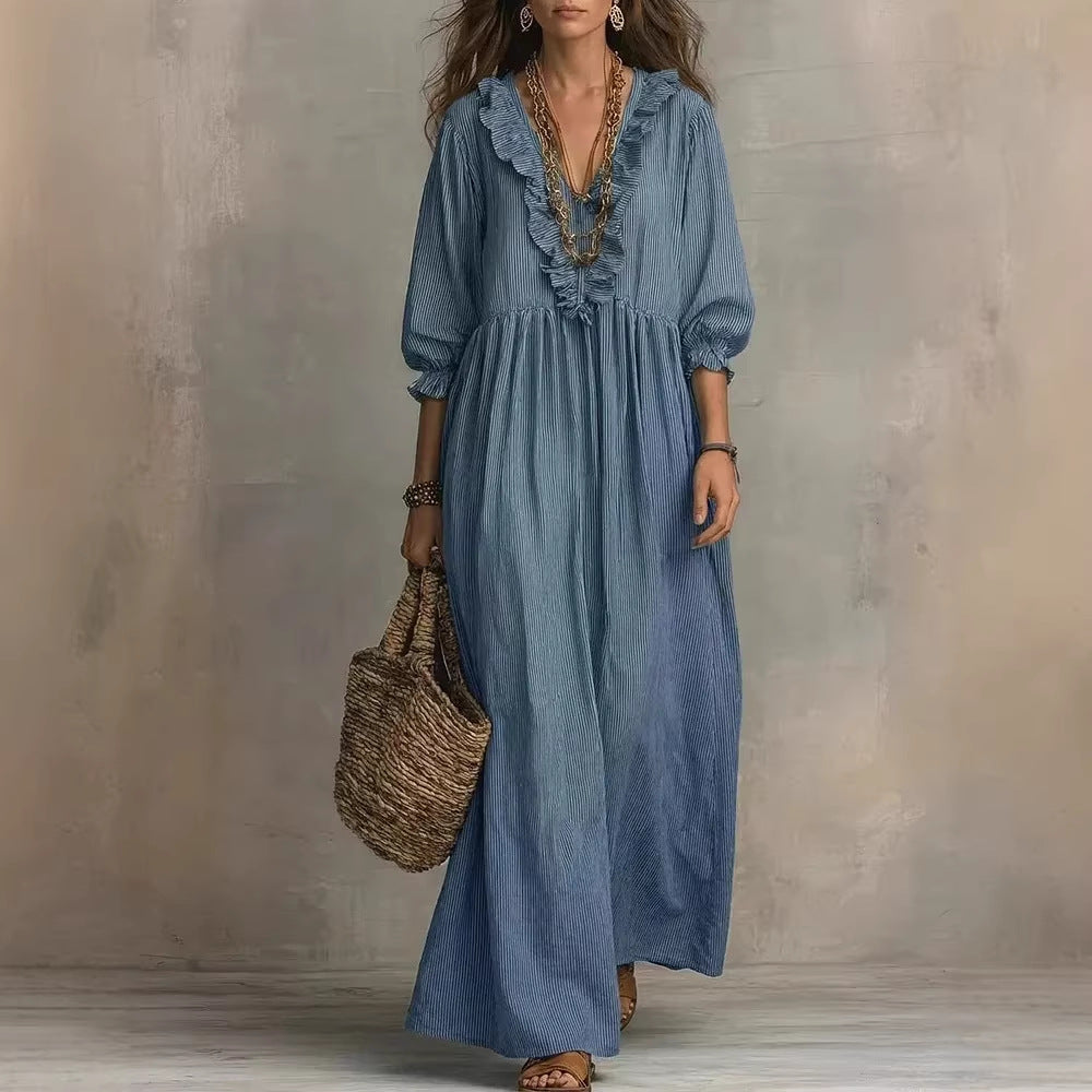 Womens Striped Ruffle-Trimmed Loose High-Waist V-Neck Dress