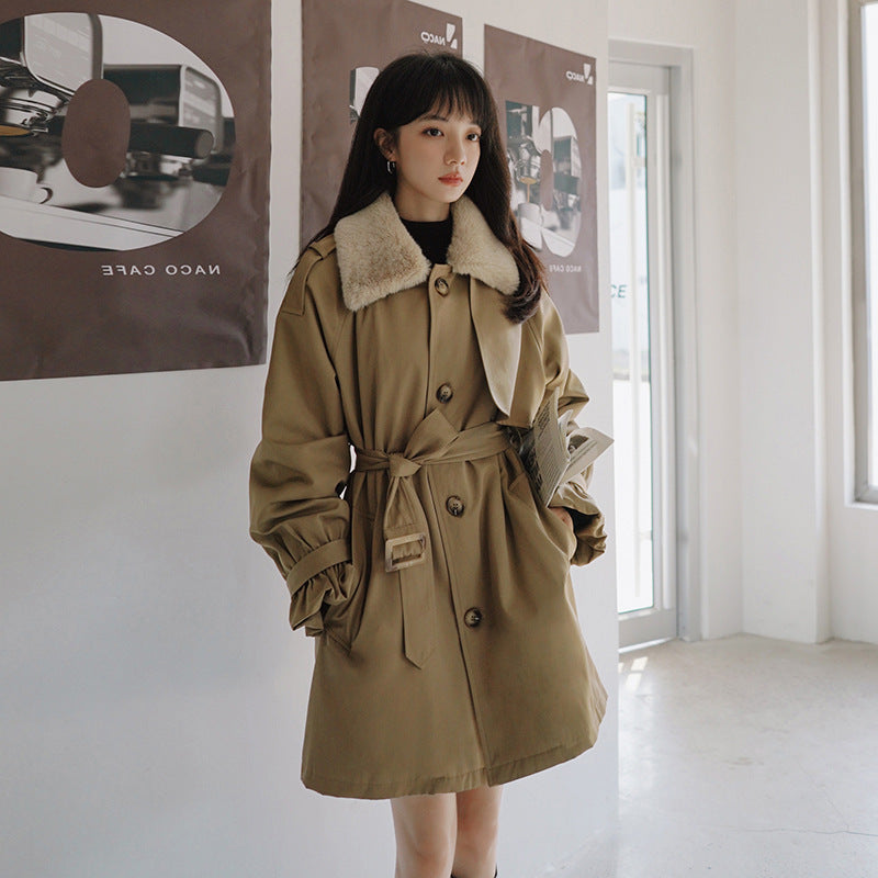 Waist Slimming Plus Velvet Thickening Women's Winter Khaki Cotton Coat