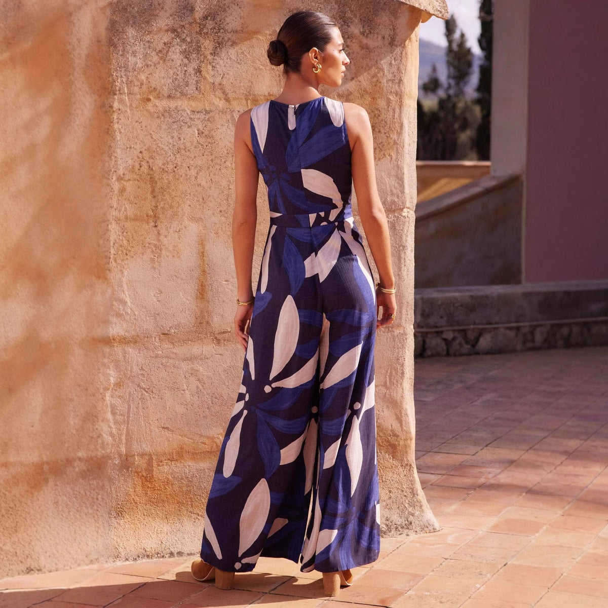 Fashion Rund Hals Printet Talje-kontrolleret Jumpsuit til Kvinder