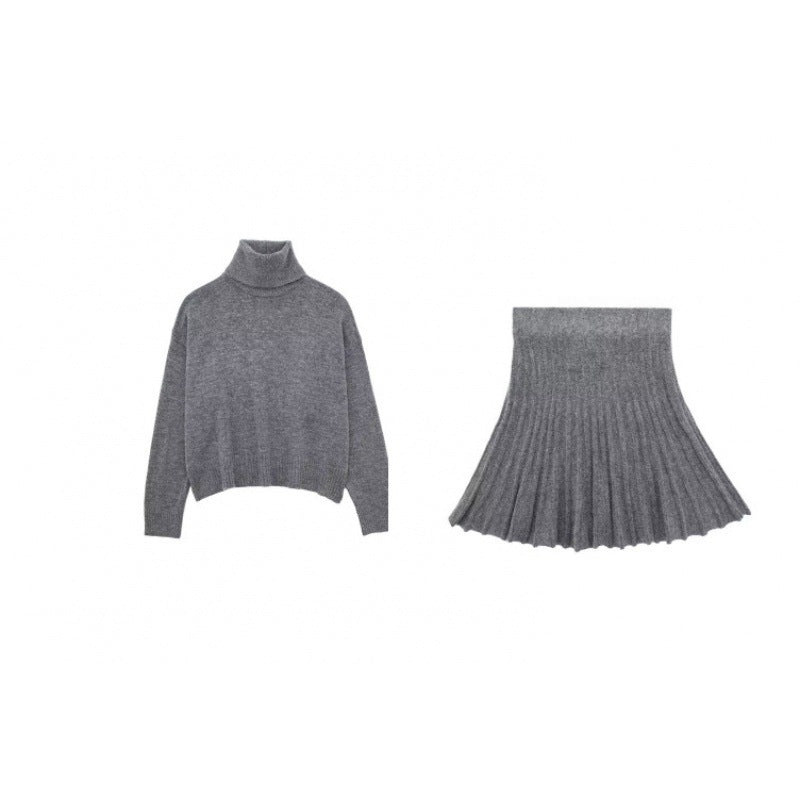 High-neck Long-sleeved Top With Pleated Mini Skirt Knit Set