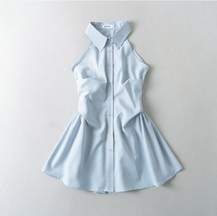 Summer New Pure Desire Style Slim Fit Slimming Waist Pleating Sleeveless Shirt Dress Polo Collar Dress