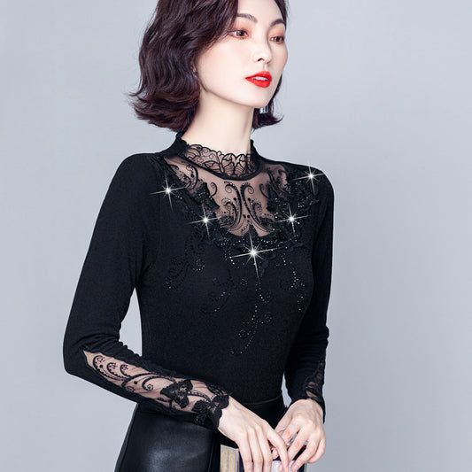 Autumn Autumn And Winter New Fashion Half Turtleneck Lace Rhinestone Bottoming Shirt Slim Fit