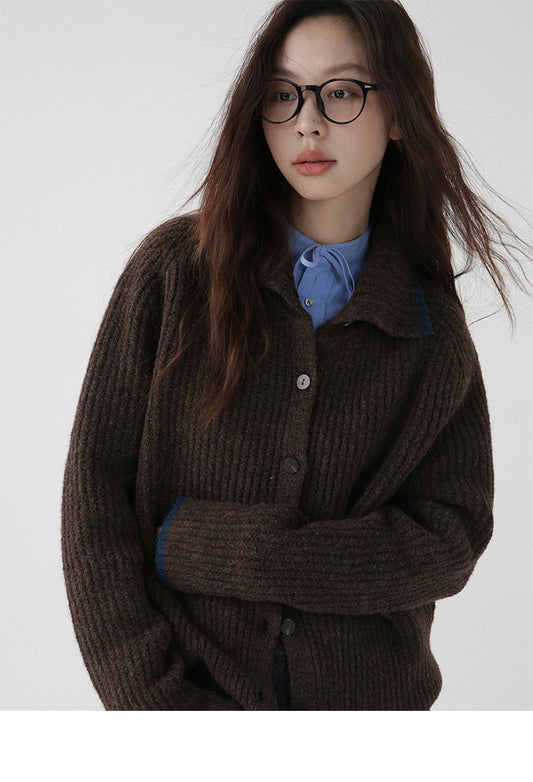 Color Blocking Collar Single Breasted Wool Knitted Cardigan Jacket
