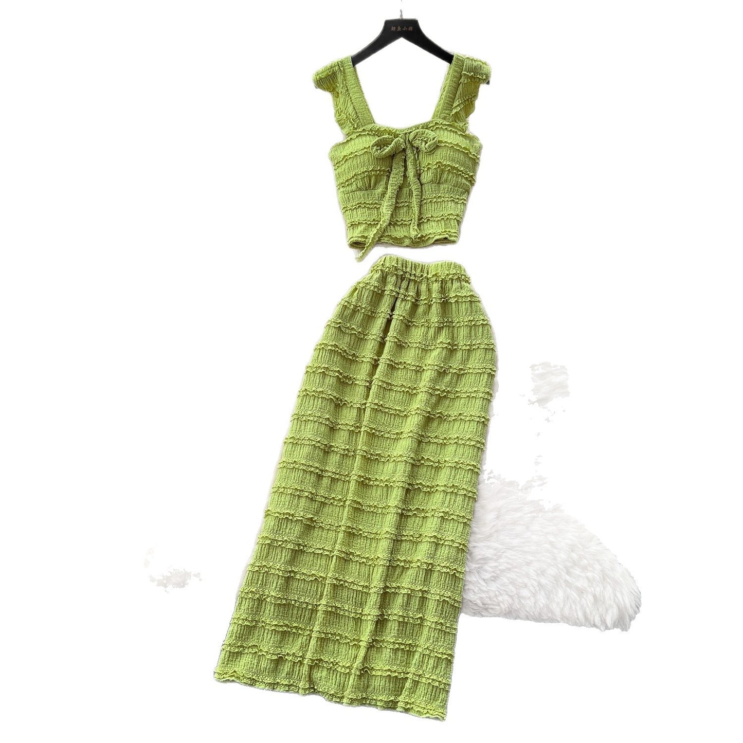 Bow-tie Square-neck Camisole With Cap Sleeves High-waisted Sheath Skirt